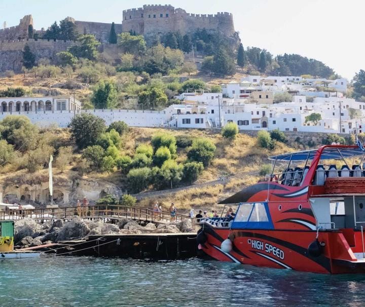 Late boat to Lindos with swim stop