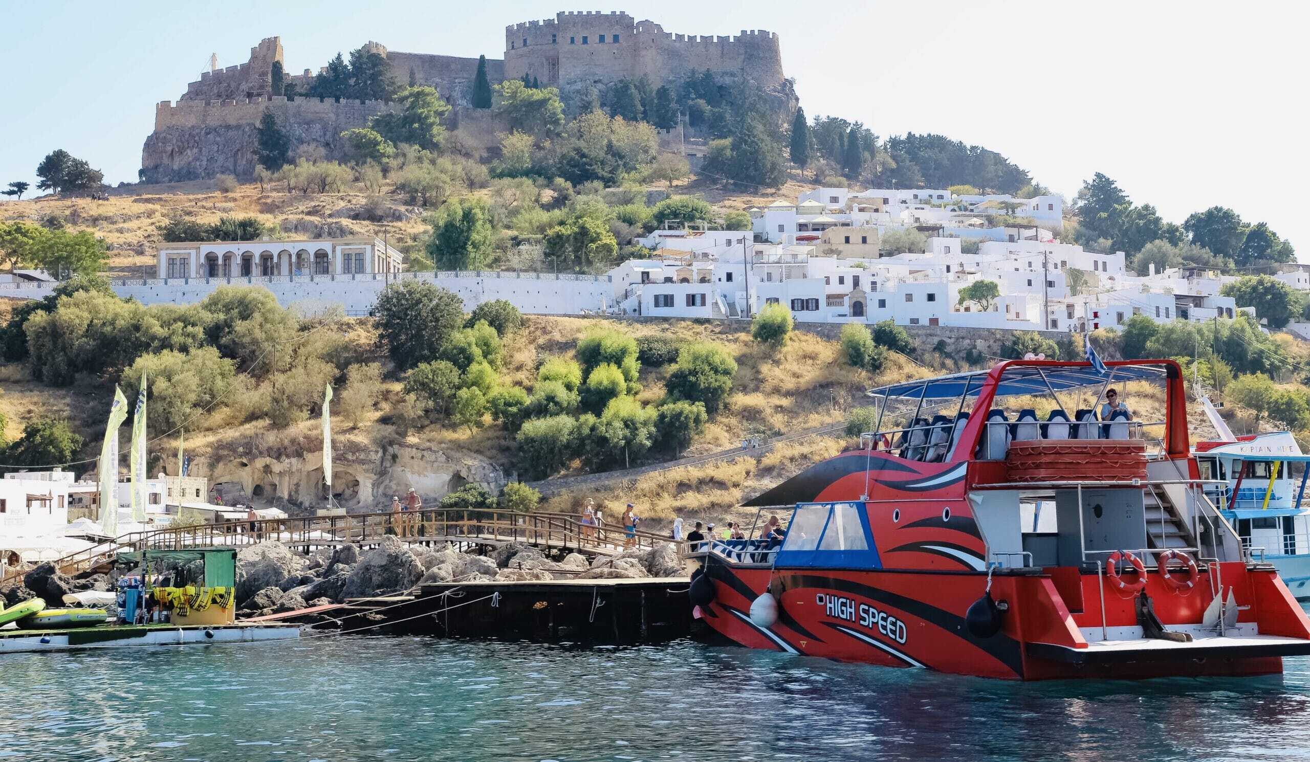 Late boat to Lindos with swim stop